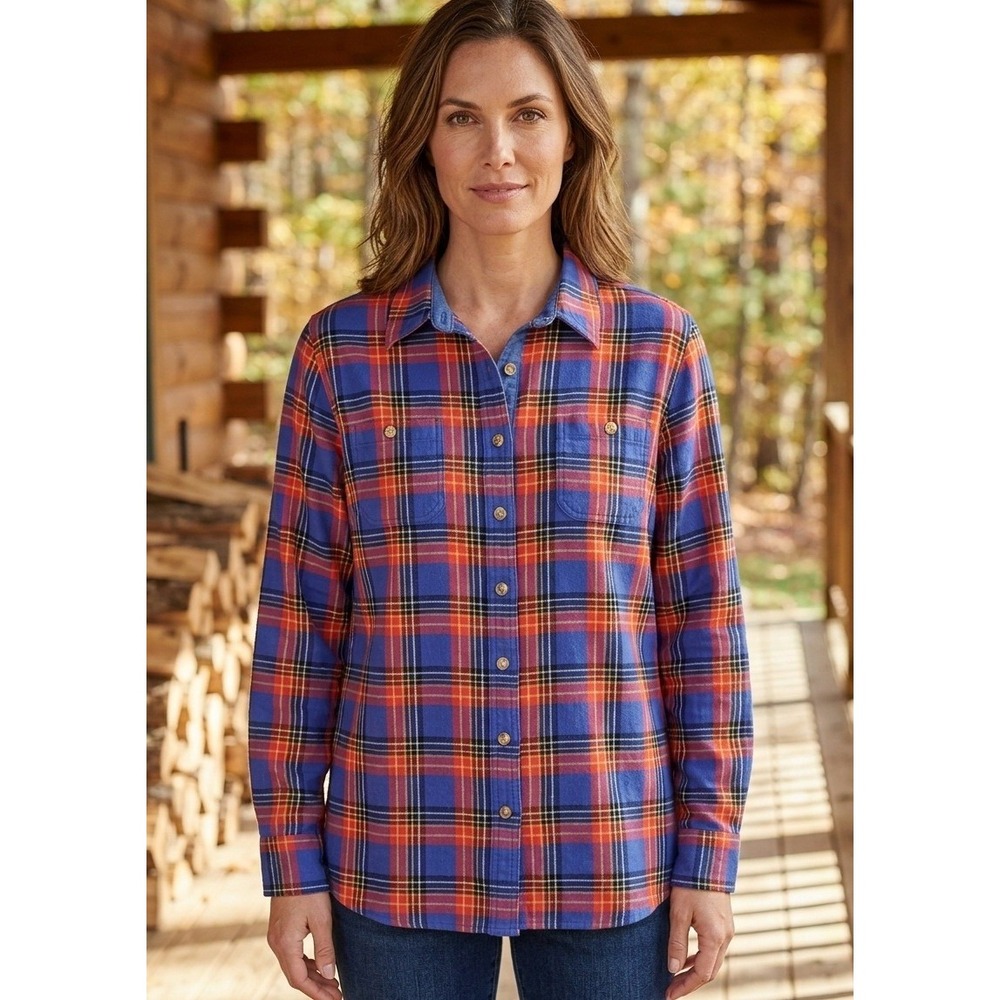 Duluth Trading Co Button Down Shirt Womens Large Plaid Blue Red Cotton Regular